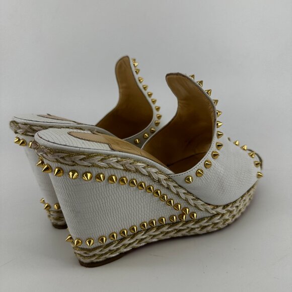 Louboutin White Leather Spike Wedge Mules = Size 40 - Picture 7 of 9